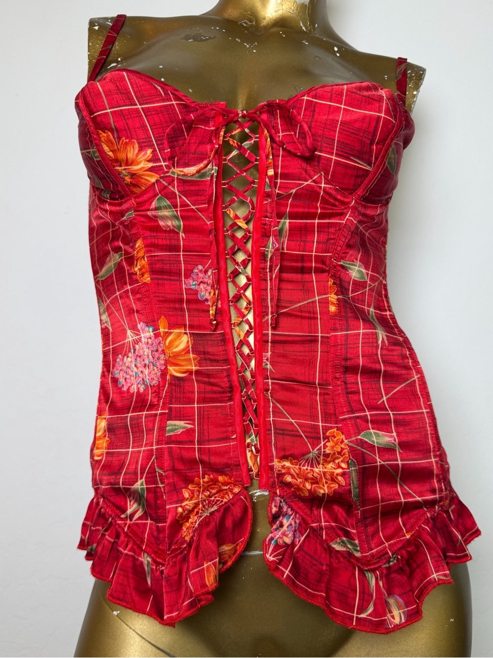 Vintage 1997 Victoria’s Secret Silk Lace-Up Corset Cami Top Red Floral Plaid 34B